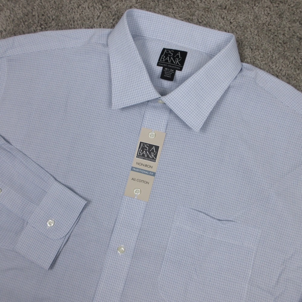 Jos A Bank Shirt Mens 2XL 18.5 34 Blue Tattersall Non Iron Dress Button Up NEW